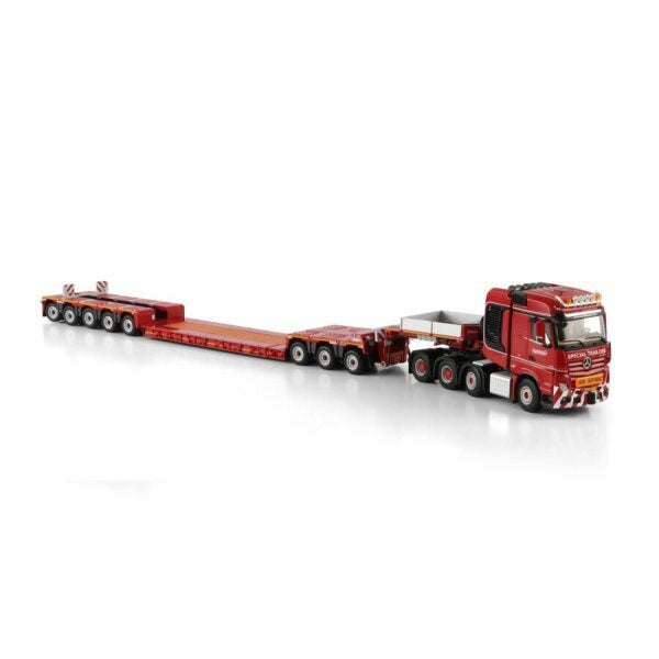 1:50 MERCEDES BENZ NOOTEBOOM RED LINE ACTROS MP5 8X4 EURO PX LOW LOADER -8 AXLE + DOLLY 3 AXLE WSI Red Diecast Model