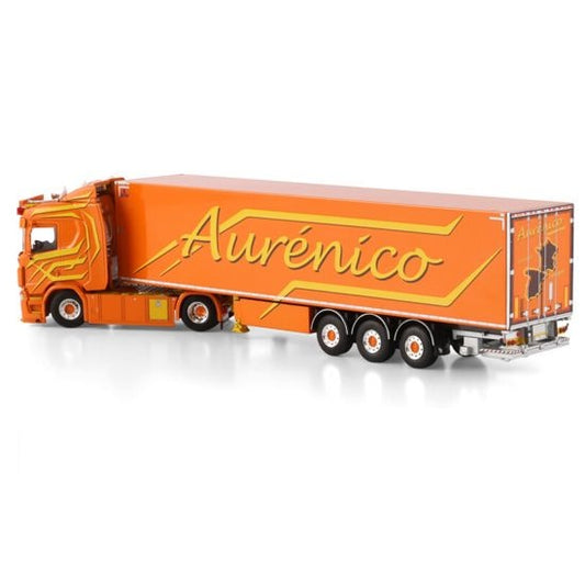 1:50 SCANIA AURNICO R CS20N 4X2 REEFER TRAILER 3 AXLE WSI Orange Diecast Model