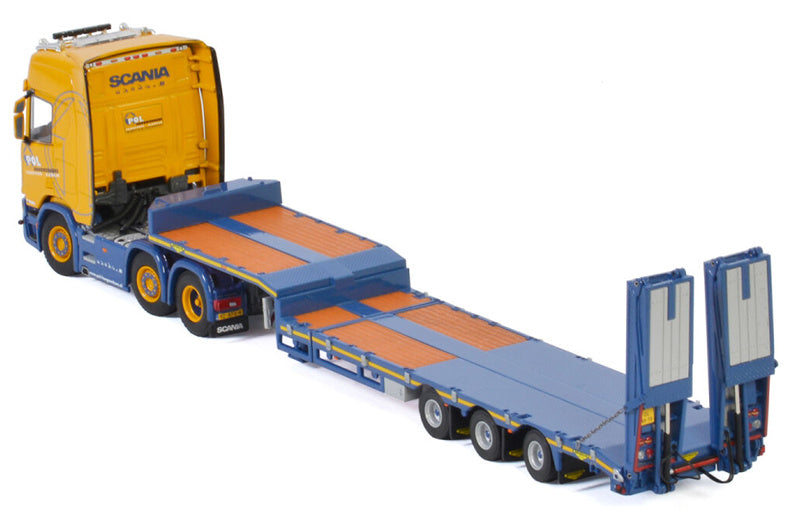 WSI SCANIA R HIGHLINE CR20H 6X2 TWINSTEER SEMI LOW LOADER RAMPS - 3 AXLE Pol Hoogwerkers 1:50 Truck Pre-built Model
