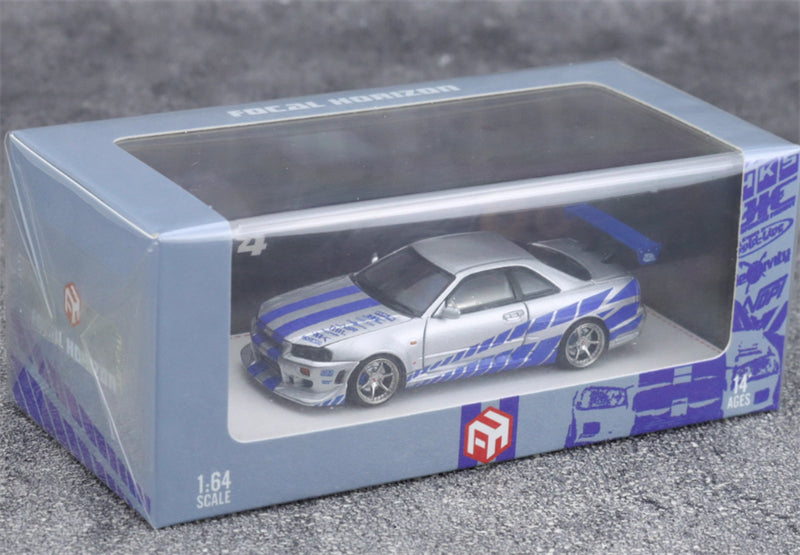 Focal Horizon Nissan Skyline GT-R R34 Silver Blue Limited Edition 999PCS ONLY 1:64 Car Pre-built Model view8