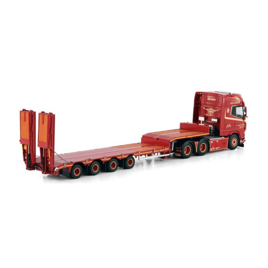 1:50 DAF KARSTEN V. OLESEN XG + 6X2 SEMI LOW LOADER W/ RAMPS 4 AXLE WSI Red Diecast Model