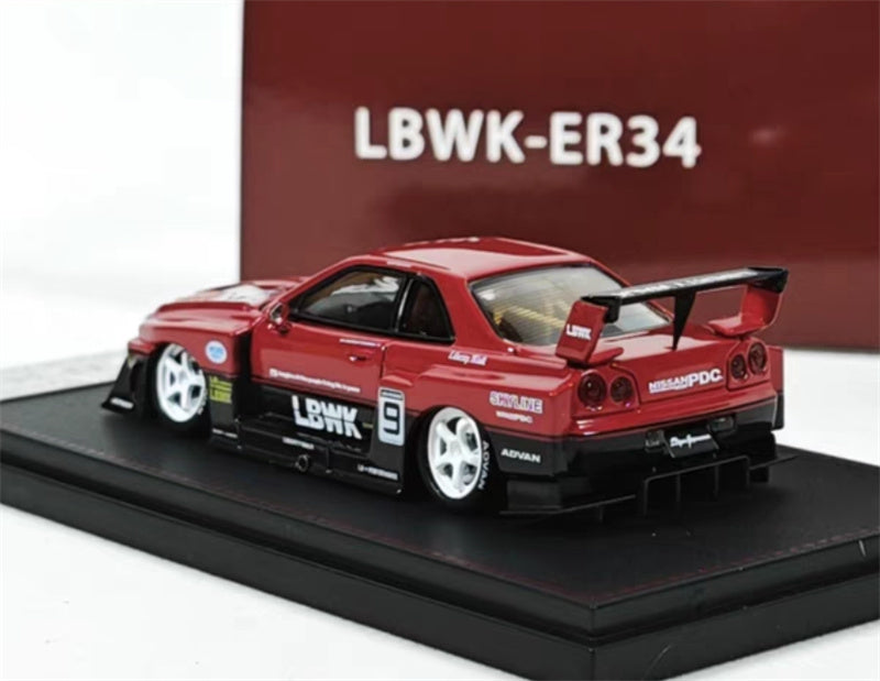 SW Nissan Skyline LBWK ER34 Red Black White Wheels 9# 1:64 car Pre-built Model view2