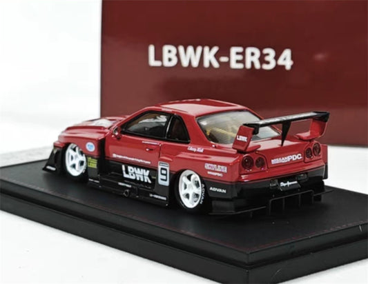 SW Nissan Skyline LBWK ER34 Red Black White Wheels 9# 1:64 car Pre-built Model view2