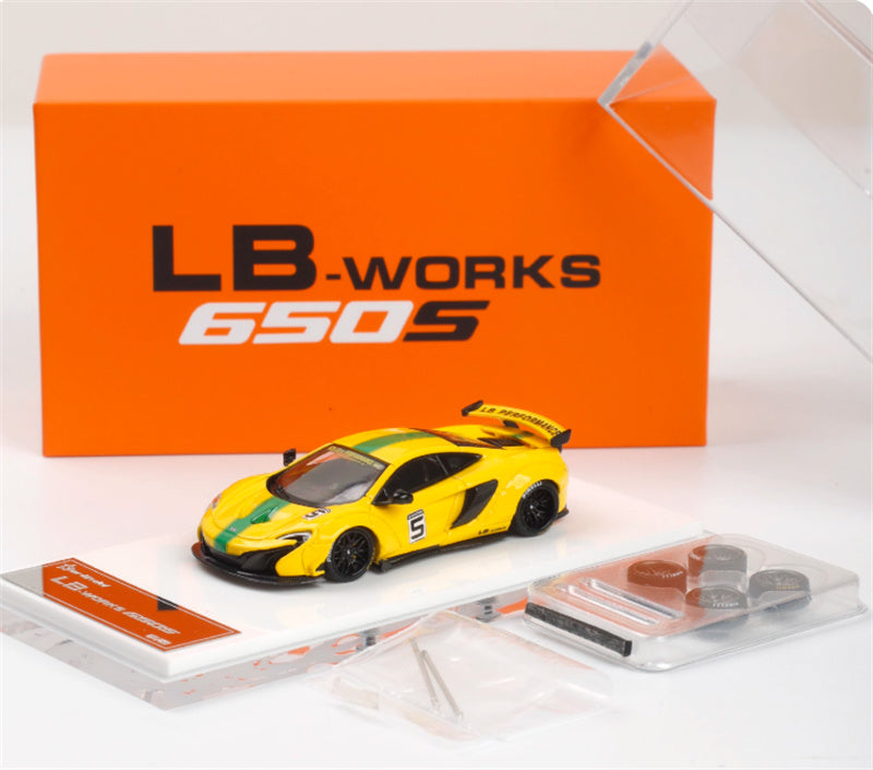 Star Model McLaren 650S LBWK modified wide body supercar Premium Wheel Yellow green Stripes 5# 1:64 Car Pre-built Model view7