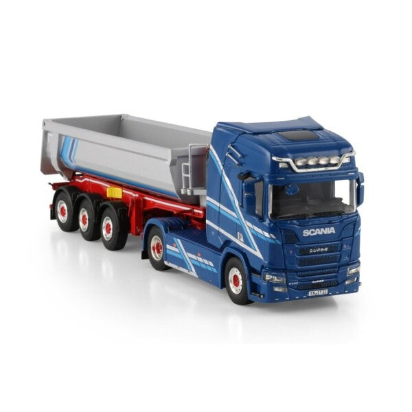 1:50 SCANIA AUGST R HIGHLINE CR20H 4X2 HALF PIPE TIPPER TRAILER 3 AXLE WSI DIECAST Model