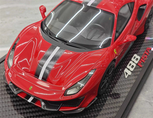 BBR MODELS Ferrari 488 pista Rosso Corsa 322 met Standard Red Black and white stripe Black wheel red calipers Limited Edition 25PCS ONLY Carbon fiber base 1:18 Car Pre-built Model view2