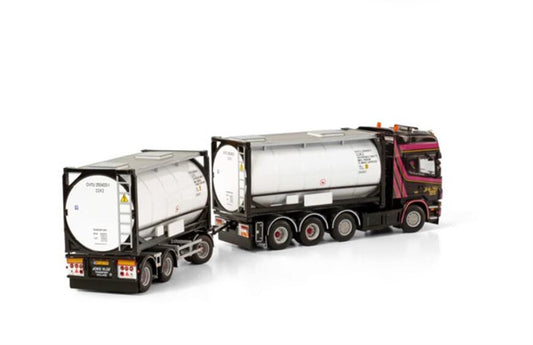 WSI SCANIA R4 TOPLINE 8X2 TAG AXLE RIGED DRAWBAR CONTAINER COMBI - 7 AXLE + 2X 20FT TANKCONTAINER JOKE VLOT TRANSPORT 1:50 Truck Pre-built Model