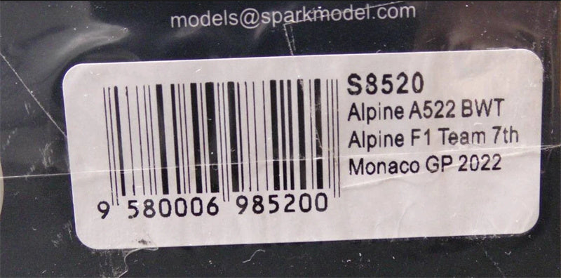 Spark Alpine A522 BWT 7th Monaco GP 2022 FERNANDO ALONSO 1:43 Car Pre-built Model view11