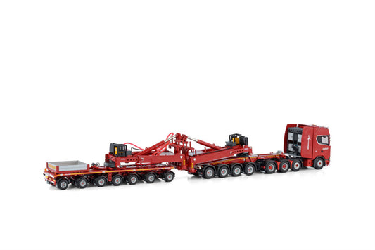 WSI SCANIA S HIGHLINE CS20H 8X4 WIND MILL TRAILER WITH 4 AXLE DOLLY - 7 AXLE NOOTEBOOM RED LINE 1/50 DIECAST Truck Lorry