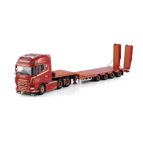 1:50 DAF KARSTEN V. OLESEN XG + 6X2 SEMI LOW LOADER W/ RAMPS 4 AXLE WSI Red Diecast Model