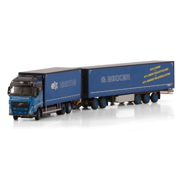 1:50 VOLVO Hartog & Bikker FH5 6X2 CURTAINSIDE TRAILER 3 AXLE + DOLLY LOW WSI Blue Diecast Model