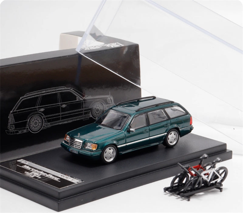 Mortal Mercedes Benz E-Class E300 station wagon S124 with 2 bicycles and luggage rack Pearl green - silver wheel Regular Edition Limited Edition 499PCS ONLY 1:64 Car Pre-built Model view4