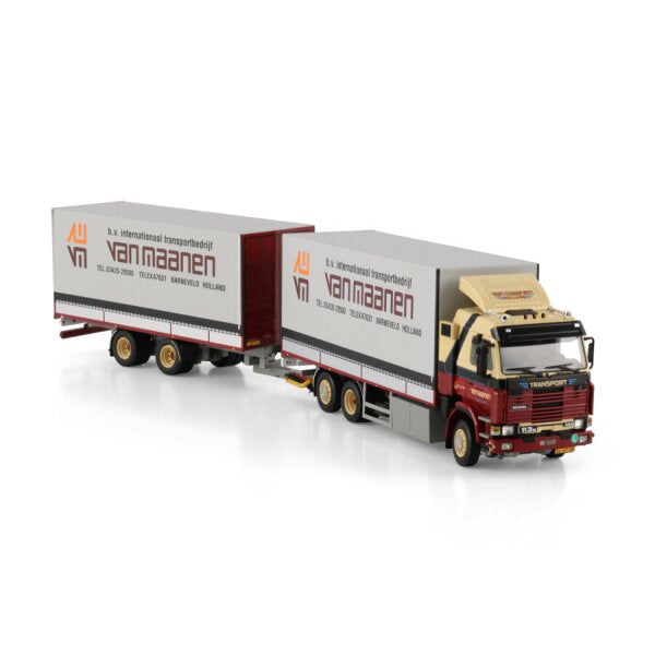 1:50 SCANIA VAN MAANEN 3 Series 6X2 CURTAINSIDE DRAWBAR CENTRE-AXLED TRAILER 5 AXLE WSI Diecast Model