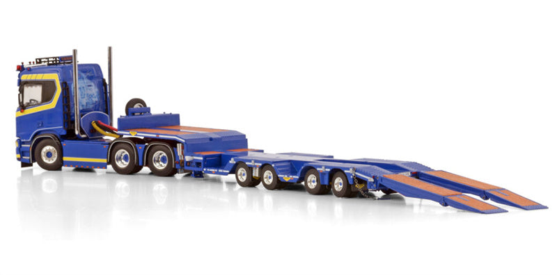 WSI SCANIA R NORMAL CR20N 6X2 TAG AXLE SEMI WHEEL WELL LOW LOADER - 4 AXLE JB BILBARGNING 1:50 Model
