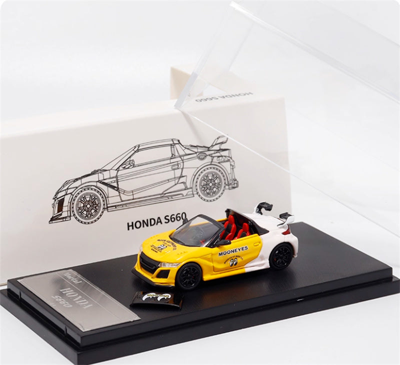 Mortal Honda S660 Mugen Convertible Wide body modified version Small tail wing moon eye coating - with top cover 1:64 Car Pre-built Model view6