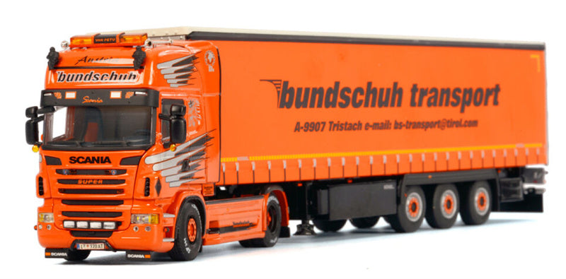 WSI SCANIA R6 TOPLINE CUTAIN SIDE / TAUTLINER TRAILER - 3 AXLE Bundschuh transport 1:50 Truck Pre-built Model