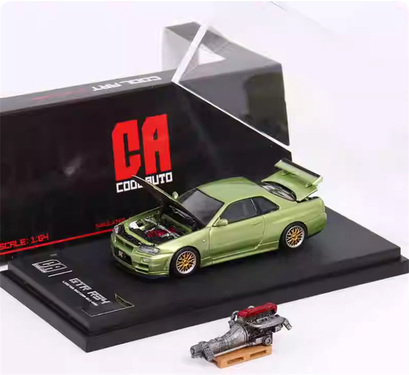 COOL ART Nissan GT-R R34 Metal green w/ engine 1:64 Car Pre-built Model view6