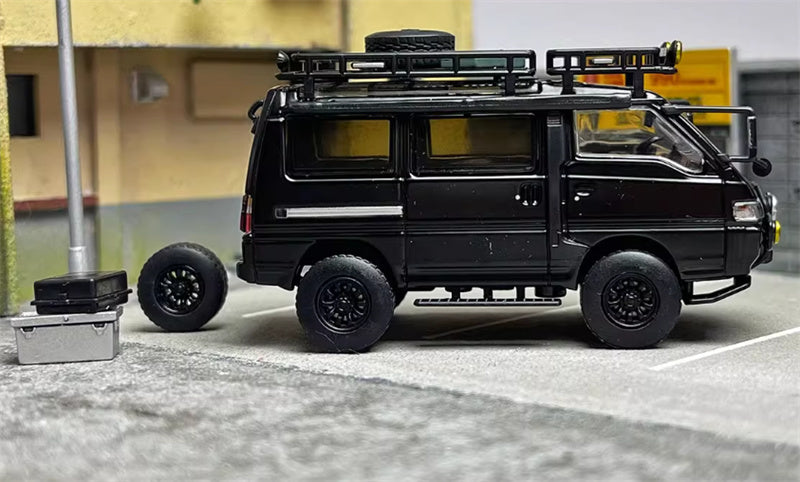 Autobots Models Mitsubishi Delica 3rd Generation Wagon 4X4 Off Road Modified Edition Black left-hand drive with accessories 1:64 Car Pre-built Model view9