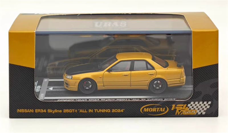 Mortal NISSAN ER34 SkyIne 25GT-t ALL IN TUNING 2024 Modified Edition gold Carbon Hood Black Wheel Limited Edition 1:64 Car Pre-built Model view4