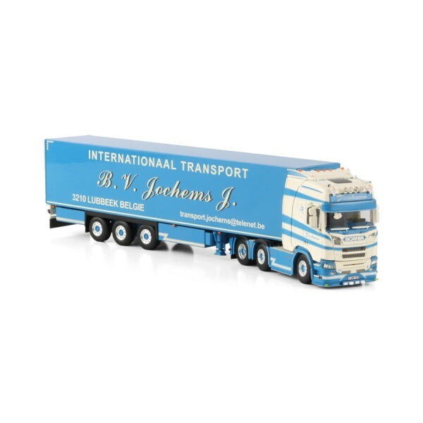 1:50 SCANIA JOCHEMS CR20H 6X2 BOX TRAILER 3 AXLE WSI White-blue Diecast Model