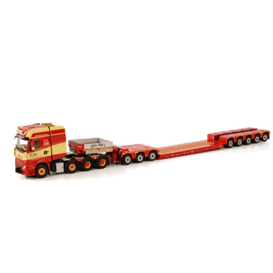 WSI MERCEDES BENZ ACTROS MP4 SLT GIGA SPACE 8X4 NOOTEBOOM LOW LOADER - 5 AXLE WITH DOLLY 3 AXLE TORBEN RAFN 1:50 DIECAST Truck