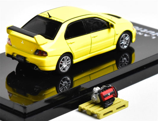 Hobby JAPAN MITSUBISHI LANCER EVOLUTION 9 GSR with Engine YELLOW - Silver Wheel 1:64 Car Pre-built Model view2