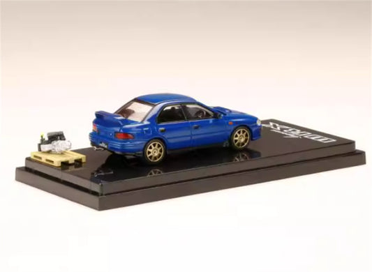 Hobby JAPAN SUBARU IMPREZA WRX (GC8) 1992 Customized Version with Engine Blue Golden Wheel 1:64 Car Pre-built Model view2