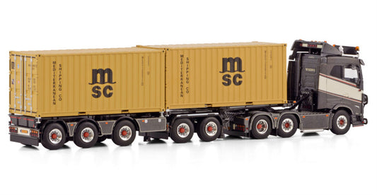 WSI VOLVO FH5 SLEEPER CAB 6X2 TWIN STEER 2CONNECT COMBI TRAILER - 5 AXLE + 2X 20FT CONTAINER M. de Groot MSC 1:50 Model