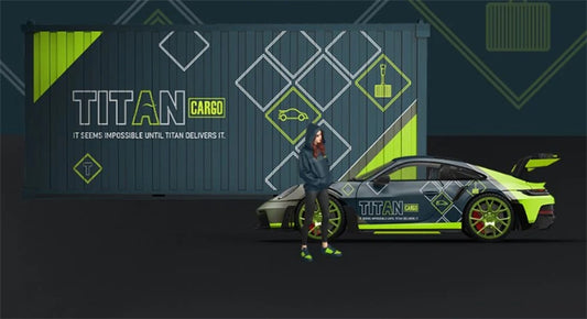 TimeMicro Porsche 992 GT3 RS TITAN Cargo Livery Green Silver Container Set w/ Doll Limited Edition 999PCS ONLY 1:64 car Pre-built Model view2