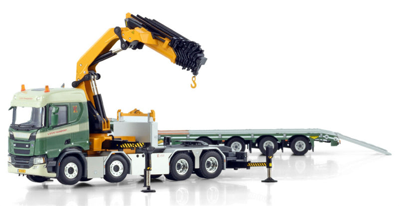 WSI SCANIA R NORMAL CR20N 8X4 SEMI LOW LOADER - 4 AXLE WITH PALFINGER PK 135.002 TEC 7 Lock Transport 1:50 Truck Pre-built Model