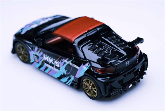 Mortal Honda S660 Mugen Convertible Wide body modified version Small tail HKS coating - with top cover 1:64 Car Pre-built Model view2