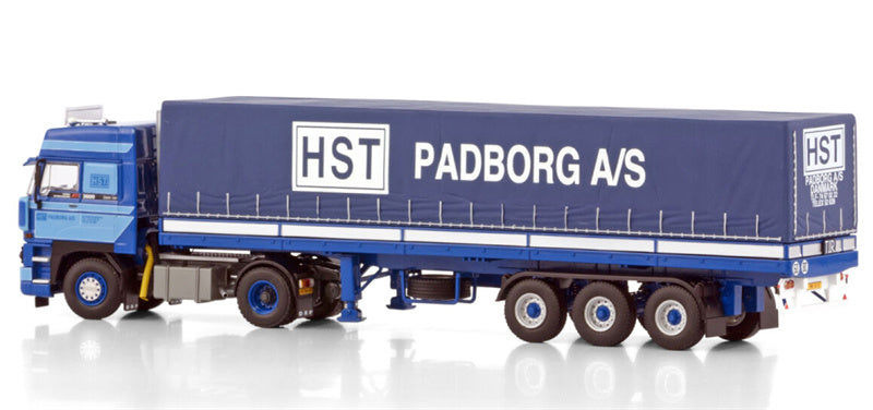 WSI DAF 3300 SPACE CAB 4X2 CLASSIC CURTAINSIDER TRAILER - 3 AXLE HST Padborg 1:50 Truck Pre-built Model