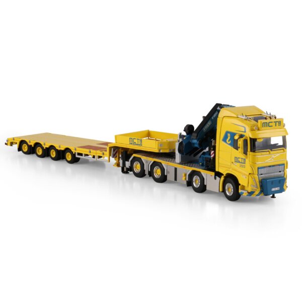 1:50 VOLVO MCT CRANING FH5 8X4 SEMI LOW LOADER W/ RAMPS 4 AXLE 1300 + JIB WSI Yellow Diecast Model
