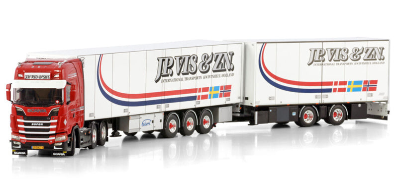 WSI SCANIA S HIGHLINE CS20H 6X2 TAG AXLE REEFER TRAILER - 3 AXLE RIGED REEFER DRAWBAR TRAILER - 2 AXLE J.P. Vis & Zn. 1:50 Truck Pre-built Model