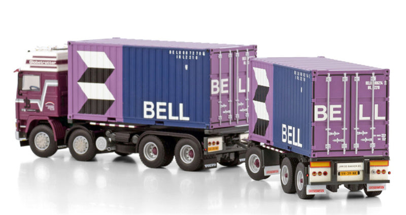 WSI VOLVO F12 GLOBETROTTER RIGED CONTAINER TRUCK 8X2 TAG AXLE CONTAINER DRAWBAR TRAILER - 3 AXLE + 2X 20FT CONTAINER Jan de Bakker Bell 1:50 Model