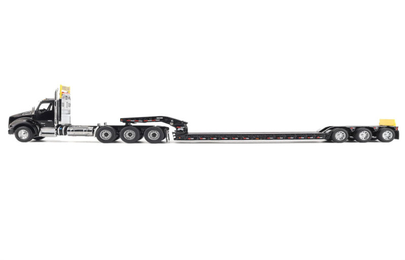 CATERPILLAR Kenworth T880 SBFA Daycab Tridem Tractor in Black with Trail King TK120 HDG Lowboy Trailer 1:50 Truck Pre-built Model