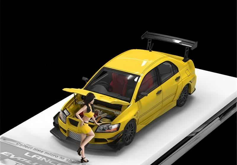 TimeMicro Mitsubishi Lancer Evolution IX Racing car Yellow w/ Doll Version 1:64 car Pre-built Model view1