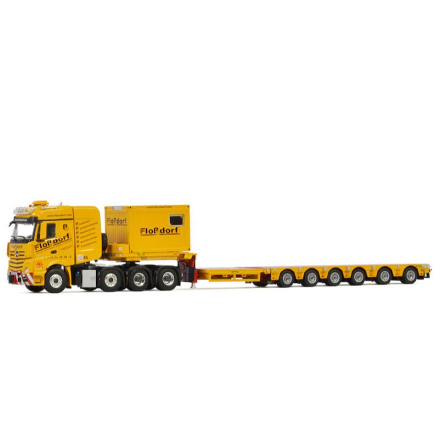 WSI MB ACTROS MP4 SLT BIG SPACE 8X4 SEMI LOW LOADER-6 AXLE + 10 FT CONTAINER FLOSSDORF 1/50 DIECAST Truck