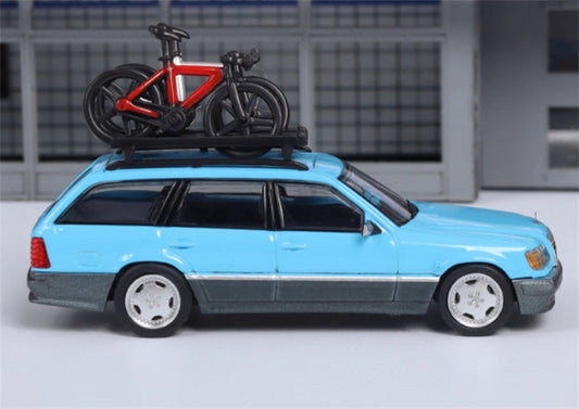 Mortal Mercedes Benz E-Class E300 station wagon S124 with 2 bicycles and luggage rack lake blue - Silver Wheel Regular Edition Limited Edition 299PCS ONLY 1:64 Car Pre-built Model view2