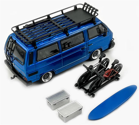 Mortal VW T3 Magway van BBS Lowered Version Transparent Blue with Accessories 1:64 Car Pre-built Model view2