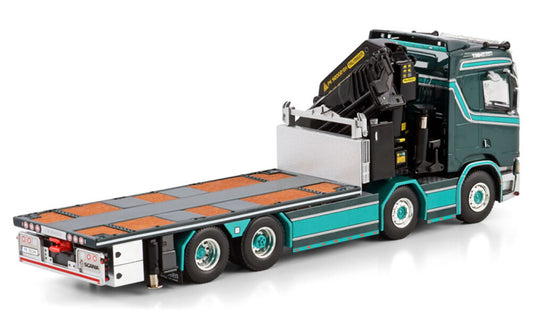WSI SCANIA R NORMAL CR20N RIGED FLATBED TRUCK 8X2 TAG AXLE WITH PALFINGER PK 92002 SH + JIB TM Hansen 1:50 Model