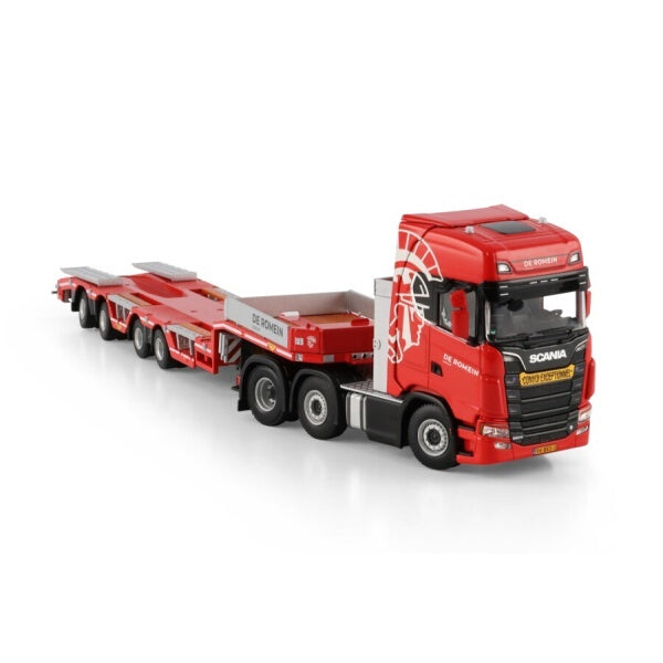 1:50 SCANIA DE ROMEIN GROEP S CS20H 6X2 SEMI WHEEL WELL LOW LOADER 4 AXLE WSI Red Diecast Model