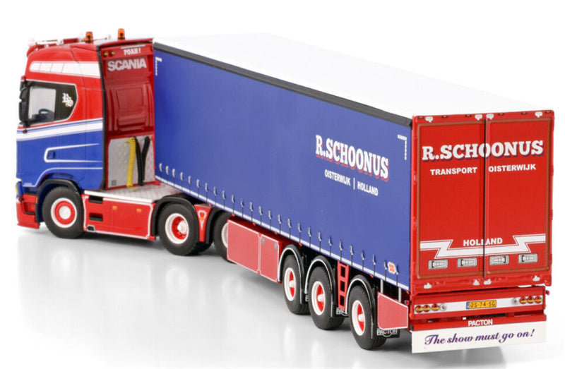 WSI SCANIA S HIGHLINE CS20H 6X2 TAG AXLE CURTAINSIDE TRAILER - 3 AXLE R. Schoonus 1:50 Truck Pre-built Model