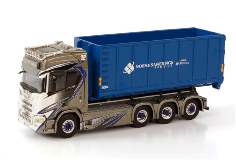 WSI SCANIA R HIGHLINE CR20H 8X4 RIGID TRUCK HOOKLIFT SYSTEM + HOOKLIFT CONTAINER 40M3 NORSK SANERINGSSERVICE 1:50 Truck Pre-built Model