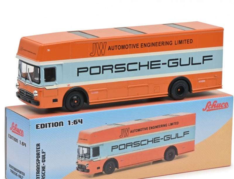 Schuco Mercedes Benz O317 Race Car Transporter Porsche Gulf Orange 1968 1:64 Car Pre-built Model