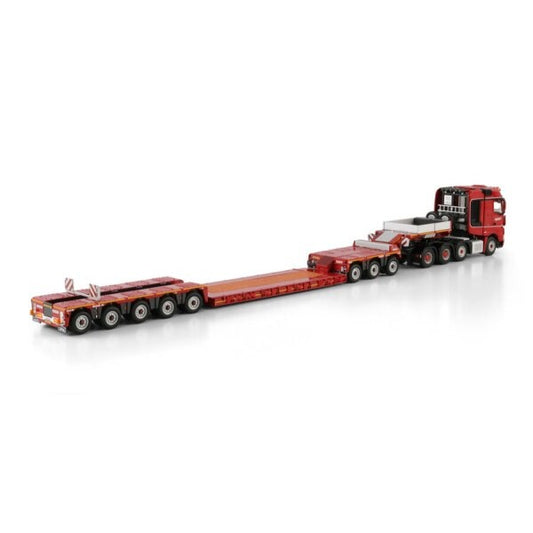 1:50 MERCEDES BENZ NOOTEBOOM RED LINE ACTROS MP5 8X4 EURO PX LOW LOADER -8 AXLE + DOLLY 3 AXLE WSI Red Diecast Model