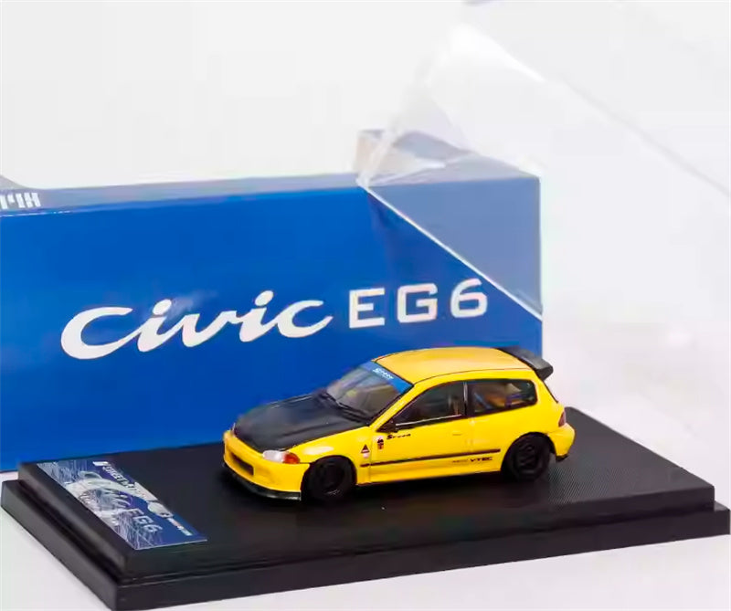 SW Honda Civic EG6 SPOON yellow carbon cover Limited Edition 500PCS ONLY 1:64 Car Pre-built Model view6