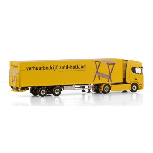 1:50 SCANIA VERHUURBEDRIJF R CR20H 4X2 TRIDEC BOX TRAILER 2 AXLE WSI Yellow DIECAST Model