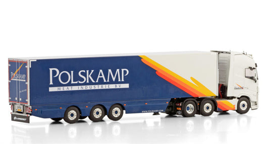 WSI VOLVO FH5 GLOBETROTTER XL 6X2 TWIN STEER REEFER TRAILER - 3 AXLE Polskamp Meat Industrie BV 1:50 Truck Pre-built Model