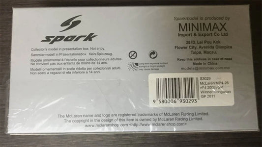 Spark McLaren MP4-26 #4 200th Winner Hungarian GP 2011 Jenson Button 1:43 Model view2